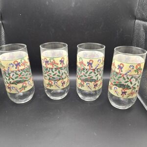 Set Of 4 Vintage Christmas Themed Glass Tumblers W/ Holly & Candy Canes